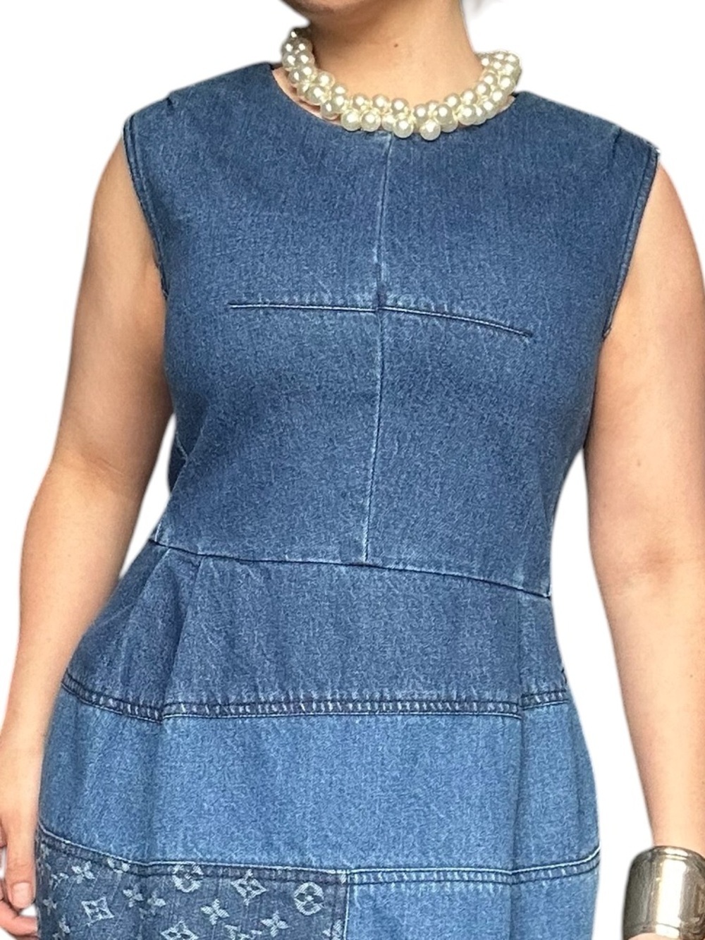 Denim Monogram  Dress Sleeveless A-Line Structured Mini Size Small - Picture 4 of 16